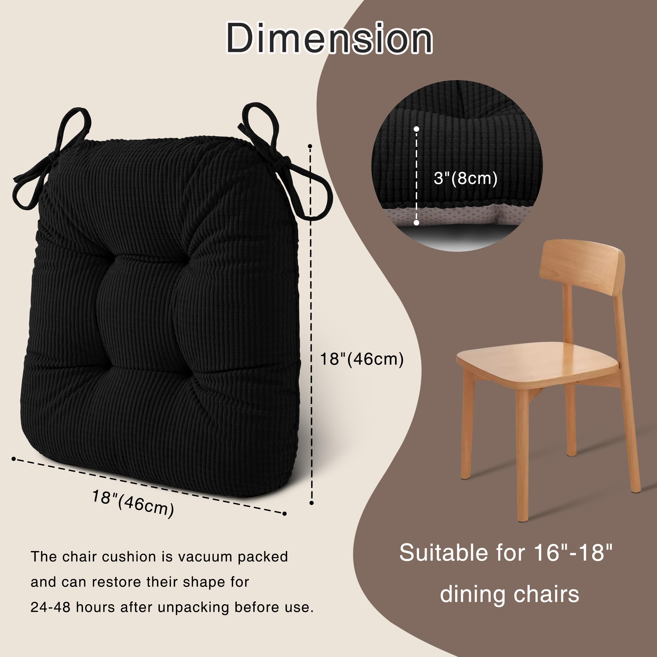 OVOV Chair Cushions for Dining Chairs Set of 4 Chair Cushion with Ties and Non-Slip Backing Tufted Thick Kitchen Chair Pads Made of Soft Fabric 42x40x8cm/17x16x3inch (Black) - Image 2