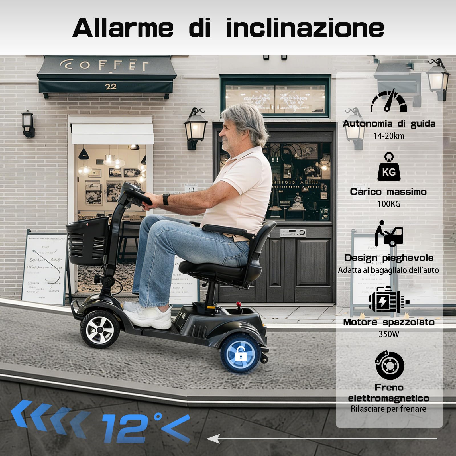 Z02 Scooter disabili pieghevole, sistema antiribaltamento, autonomia di 20 km, luci LED, cestino rimovibile, stabile e pratico, adatto agli anziani, garanzia di 5 anni - Nero