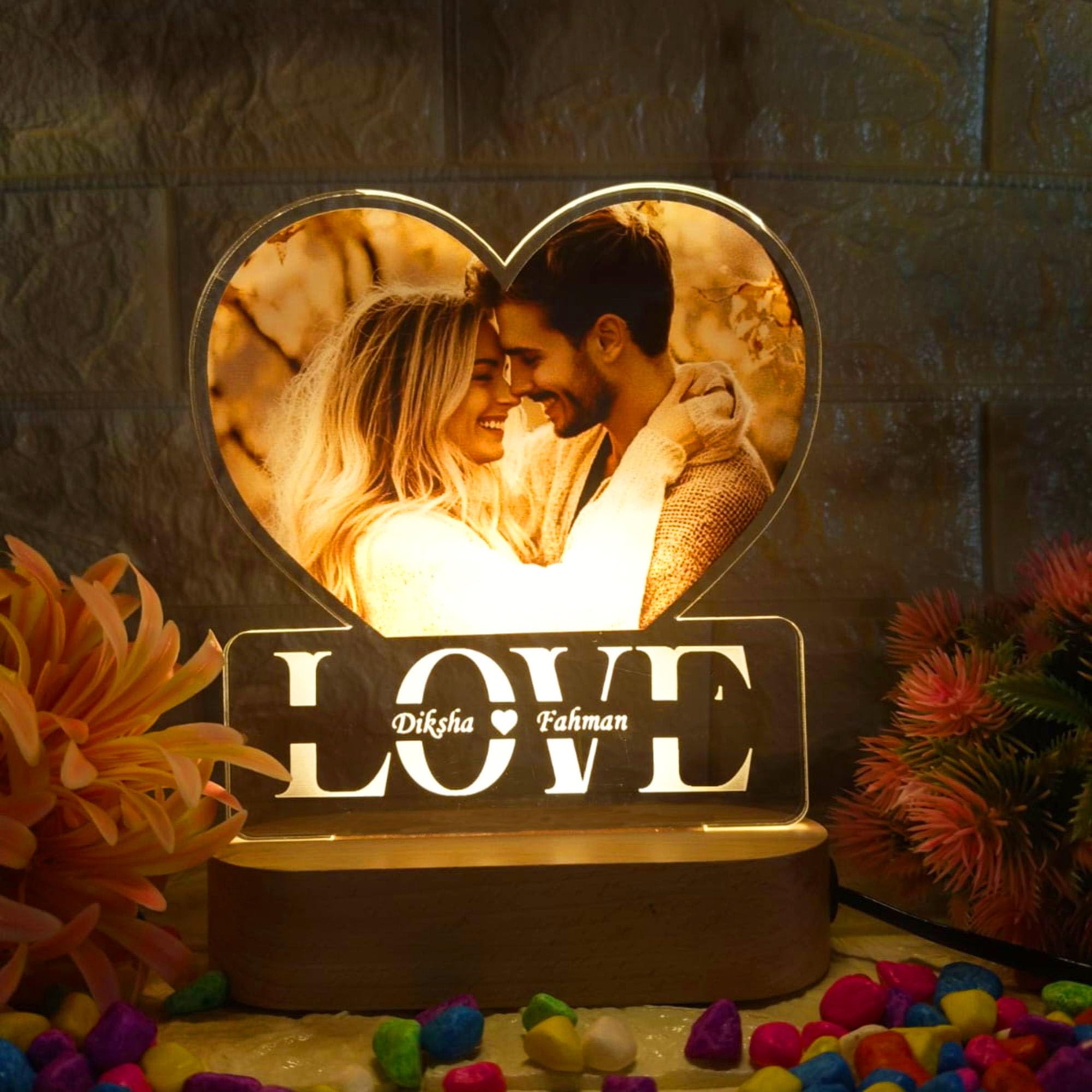 SHAYONA Personalized Warm White Color LED Table Lamp Name Engraving for Couple Gift for Anniversary, Wedding, Marriage, Valentine Day- Wooden Base Design (UVL 29) 1