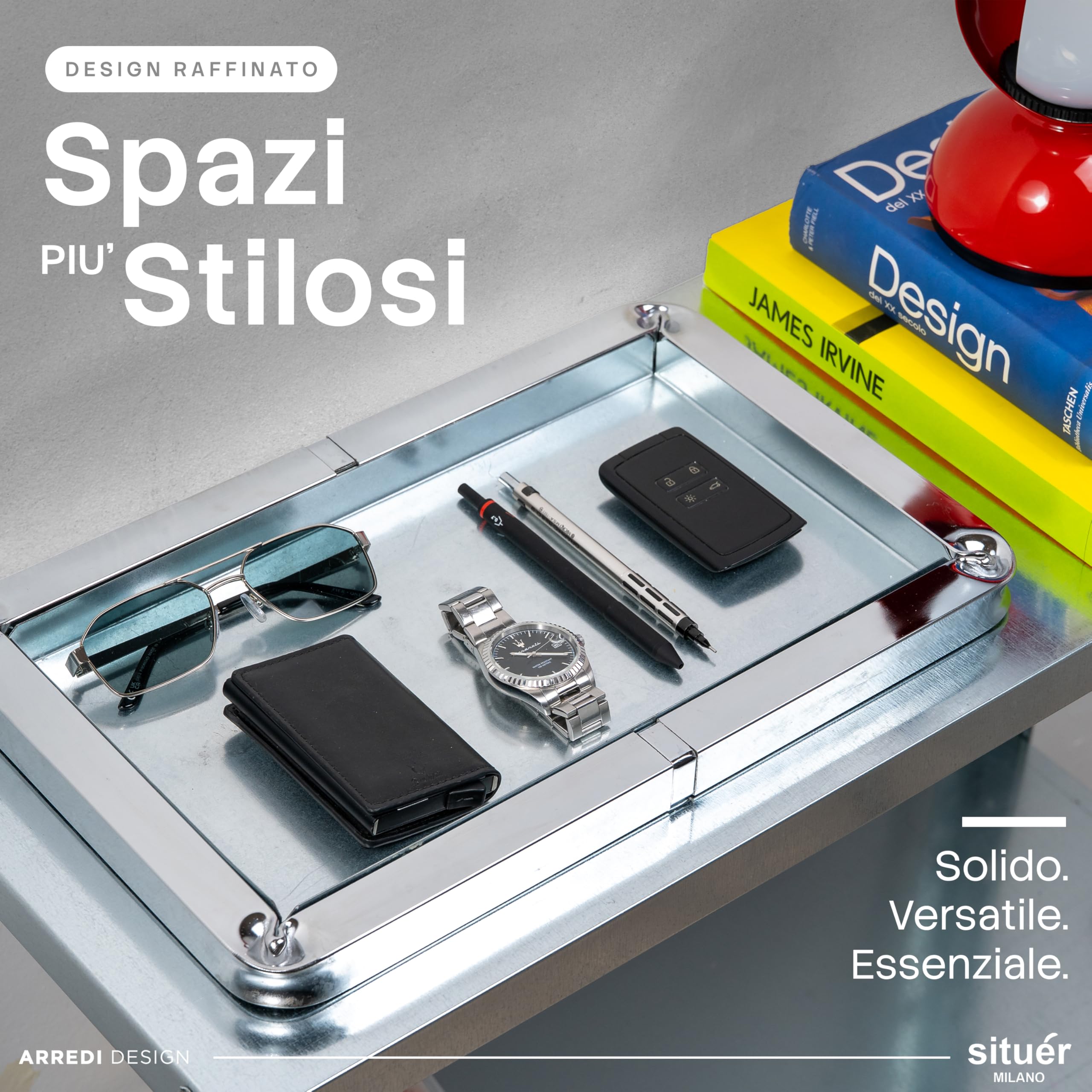 Situér Milano Svuotatasche Design Moderno con Piega Brevettata 40x25cm in Metallo Cromato Made in Italy - Vassoio Portaoggetti Versatile, Elegante e Raffinato