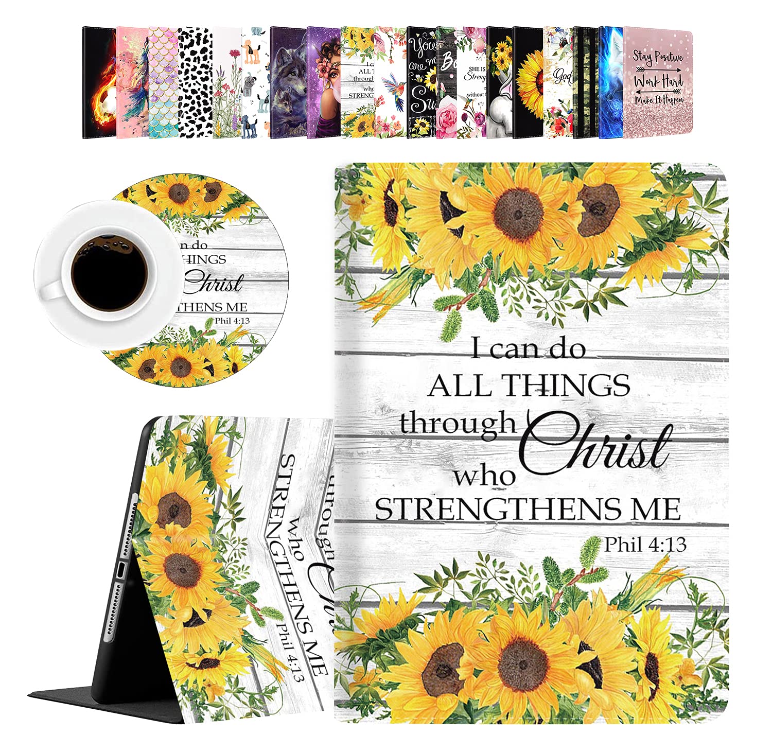 Case for iPad 10.2 8th Gen 2020/7th Gen 2019/iPad Air 10.5" 2019/iPad Pro 10.5,Cover for iPad 8th / 7th with Coasters Set Philippians 4:13 Christian