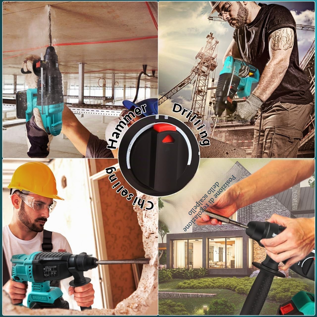 Martello Perforatore a Batteria 21V 4Ah*2 Batteria，Motor Sin Escobillas, Adatti per Cemento, Muratura, Pareti, Perforazione, Martellatura e Demolizione