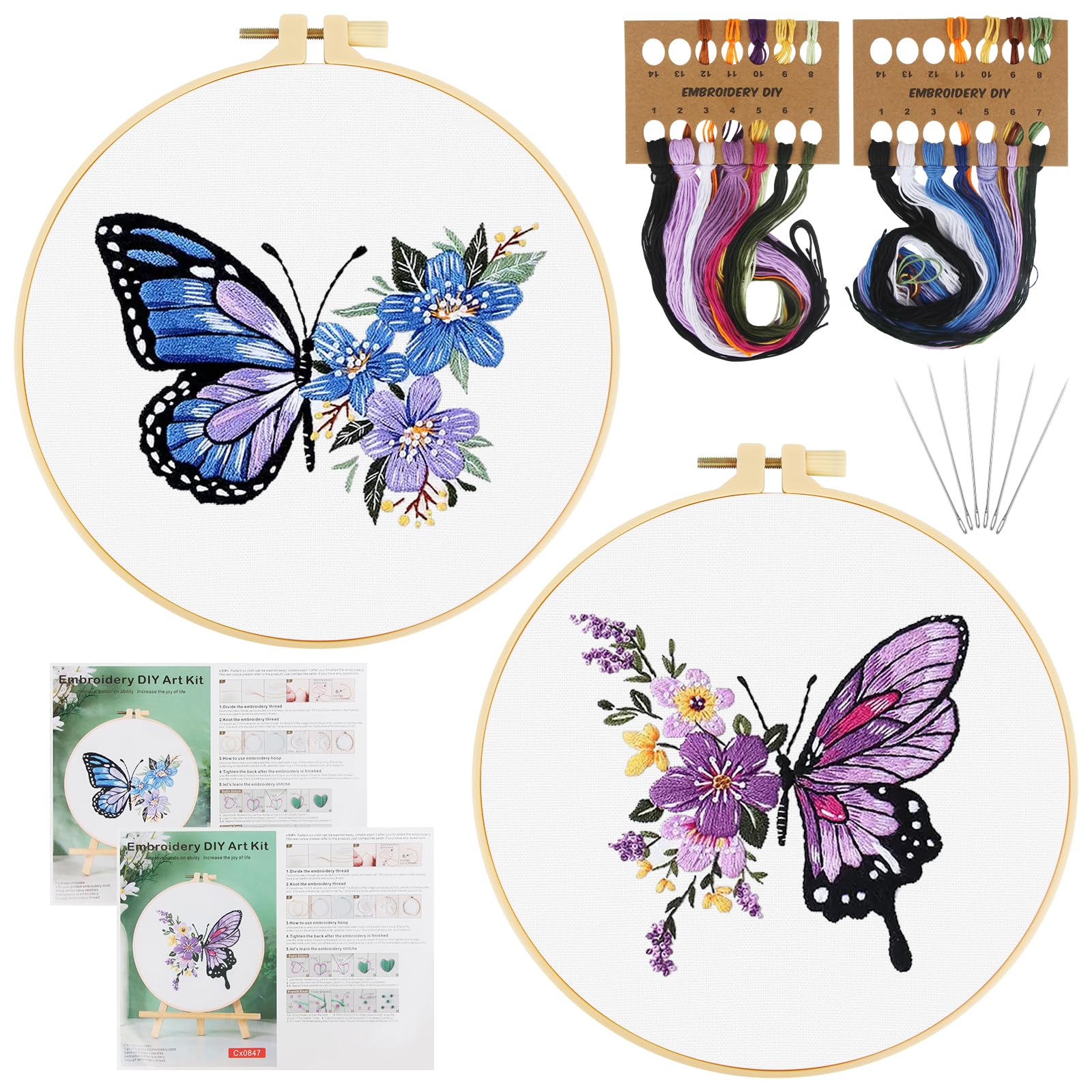 TAIHOBO Butterfly Embroidery Kit for Beginners, DIY Beginners Embroidery Kit with Hoops Needle Thread Instructions, 2PCS Hand Embroidery Kits for Adults Kids, for Wall Decoration, Gift for Christmas