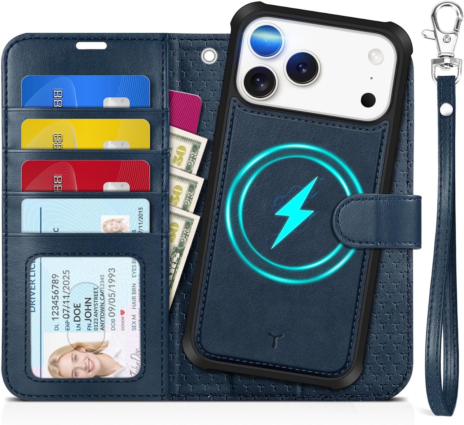 TUCCH 2-in-1 Detachable Wallet Case for iPhone 17 Pro Max 6.9" 2025, RFID Blocking | 4 Card Holders | Wireless Charging | Wrist Strap | Kickstand | Magnetic | PU Leather Protective Cover | Dark Blue for iPhone 17 Pro Max Blue