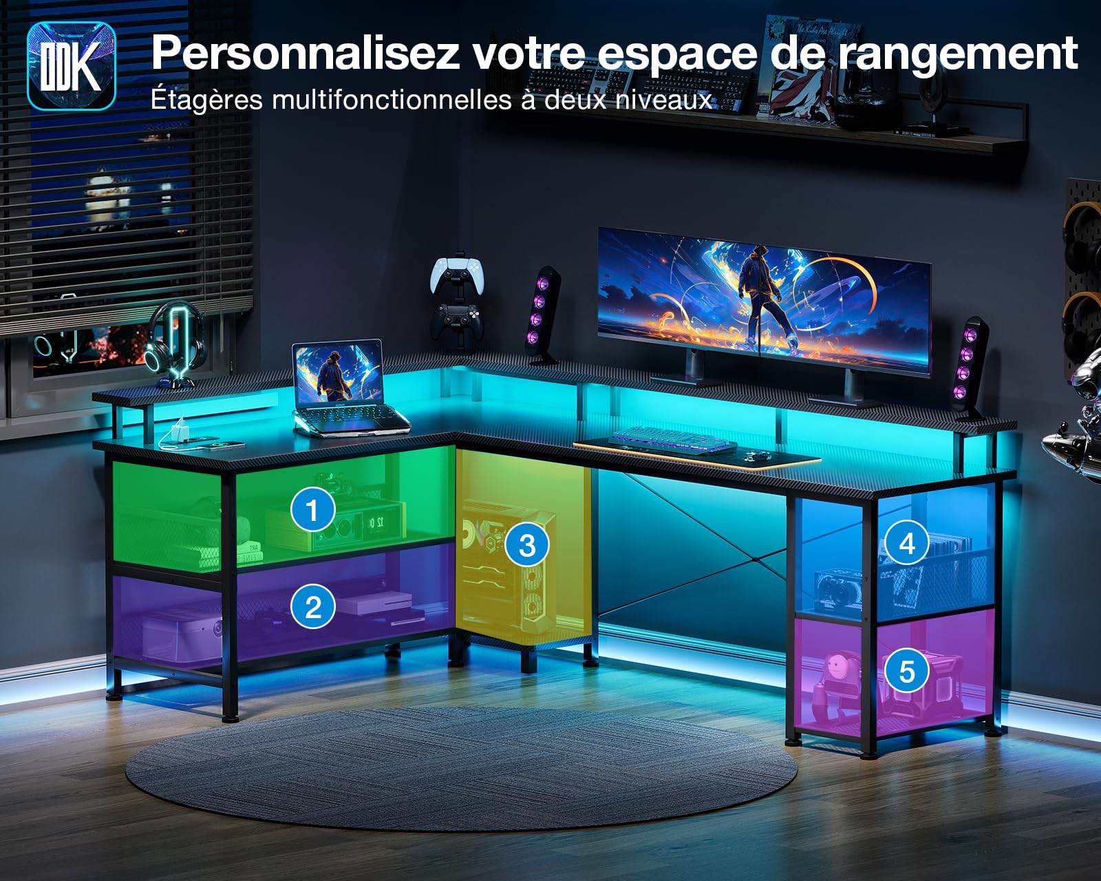 ODK Bureau Gaming d'angle LED, 168×120cm, Noir Carbone