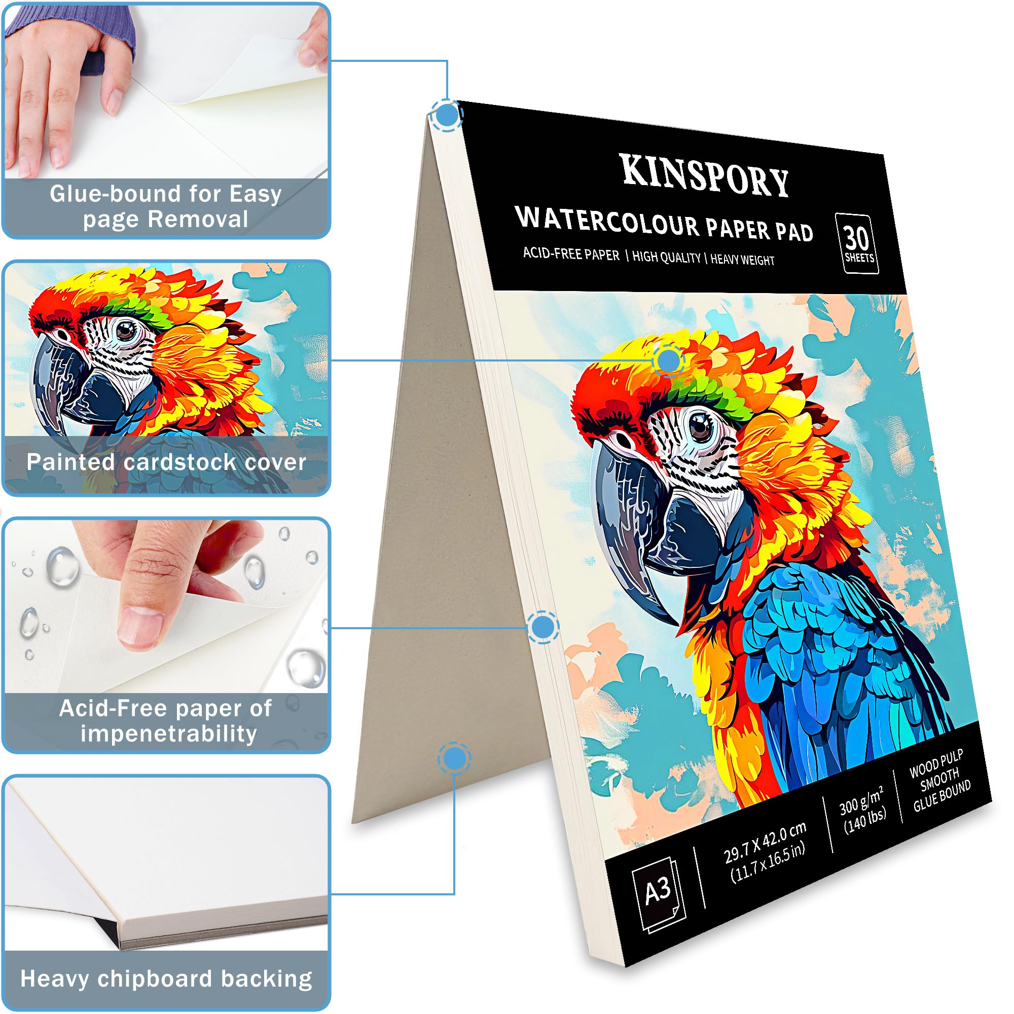 Bloc Papier Aquarelle KINSPORY A4 300g/m² - 30 Feuilles Carnet Relié Collage Blanc Naturel Pour Artistes