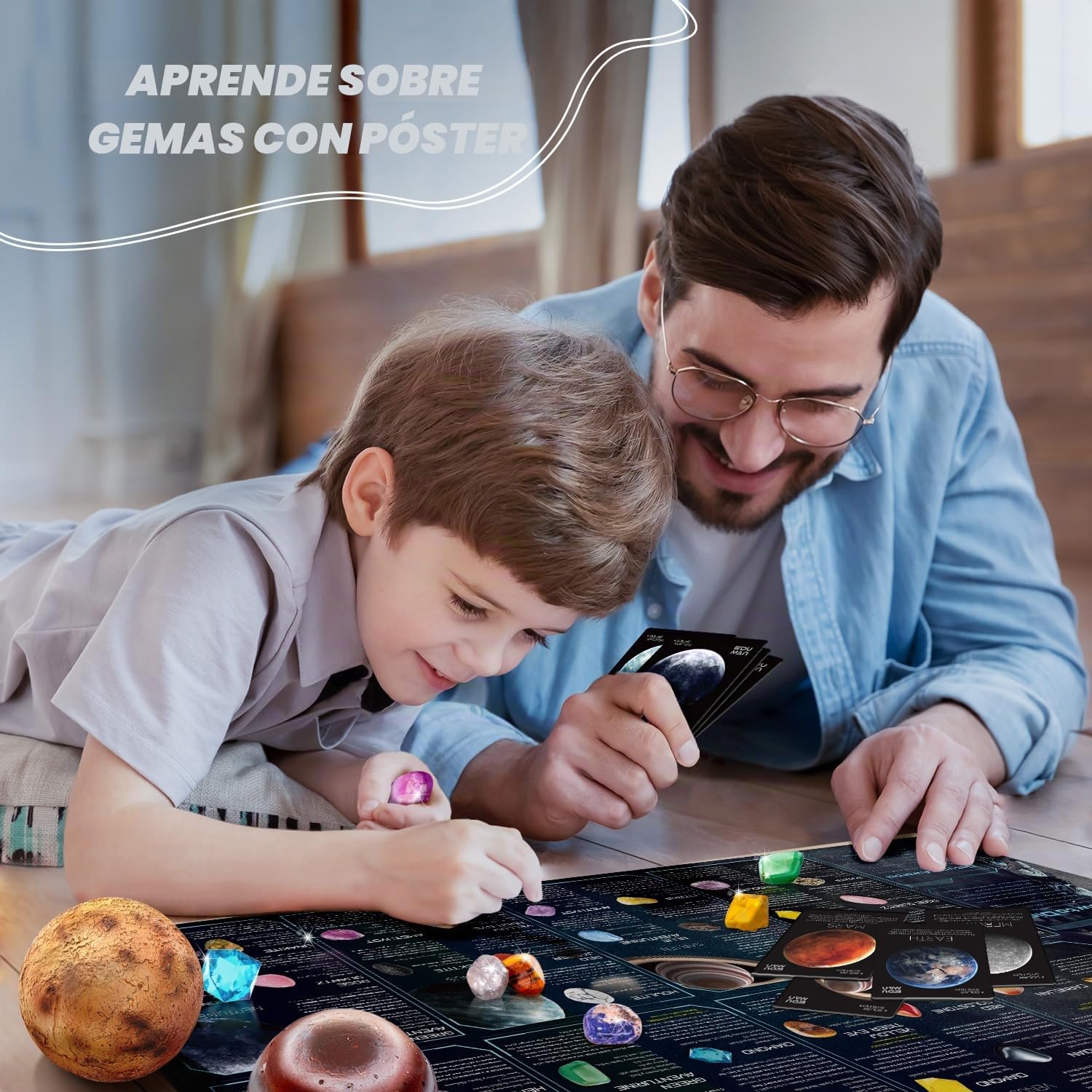 EDUMAN Kit de excavación de Piedras Preciosas: desentierra 40 Gemas y Cristales Reales con Herramientas de minería, Sistemas solares de Ocho Planetas para niños de 6 a 8 años, Juguetes educativos de