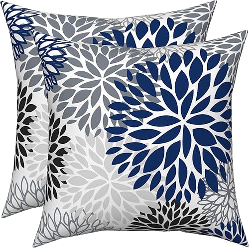 Juego de 2 fundas de almohada de dalia azul marino y gris de 16 x 16 pulgadas, fundas de almohada geométricas florales para exteriores, fundas de