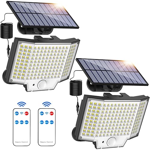Solar Lights Outdoor, 160 LED Solar Powered Motion Sensor Flood Lights with Remote 3 Modes, Curved Screen, 180°Wide Angle Flood Wall Lights, IP65 Waterproof for Patio, Garage, Porch, Yard (2 Packs)