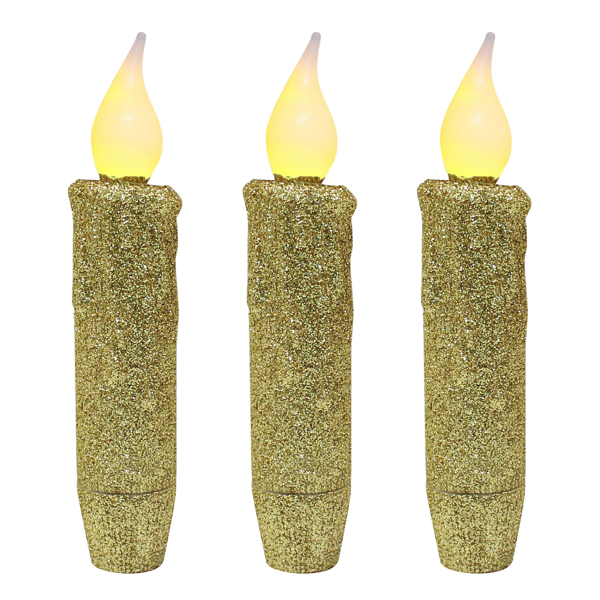 CVHOMEDECO. Glitter Flameless Candles Flickering Battery Operated LED Taper Candles with Timer for Home, Wedding, Halloween, Christmas Decor. Gold, 4-3/4 Inch, Set of 3