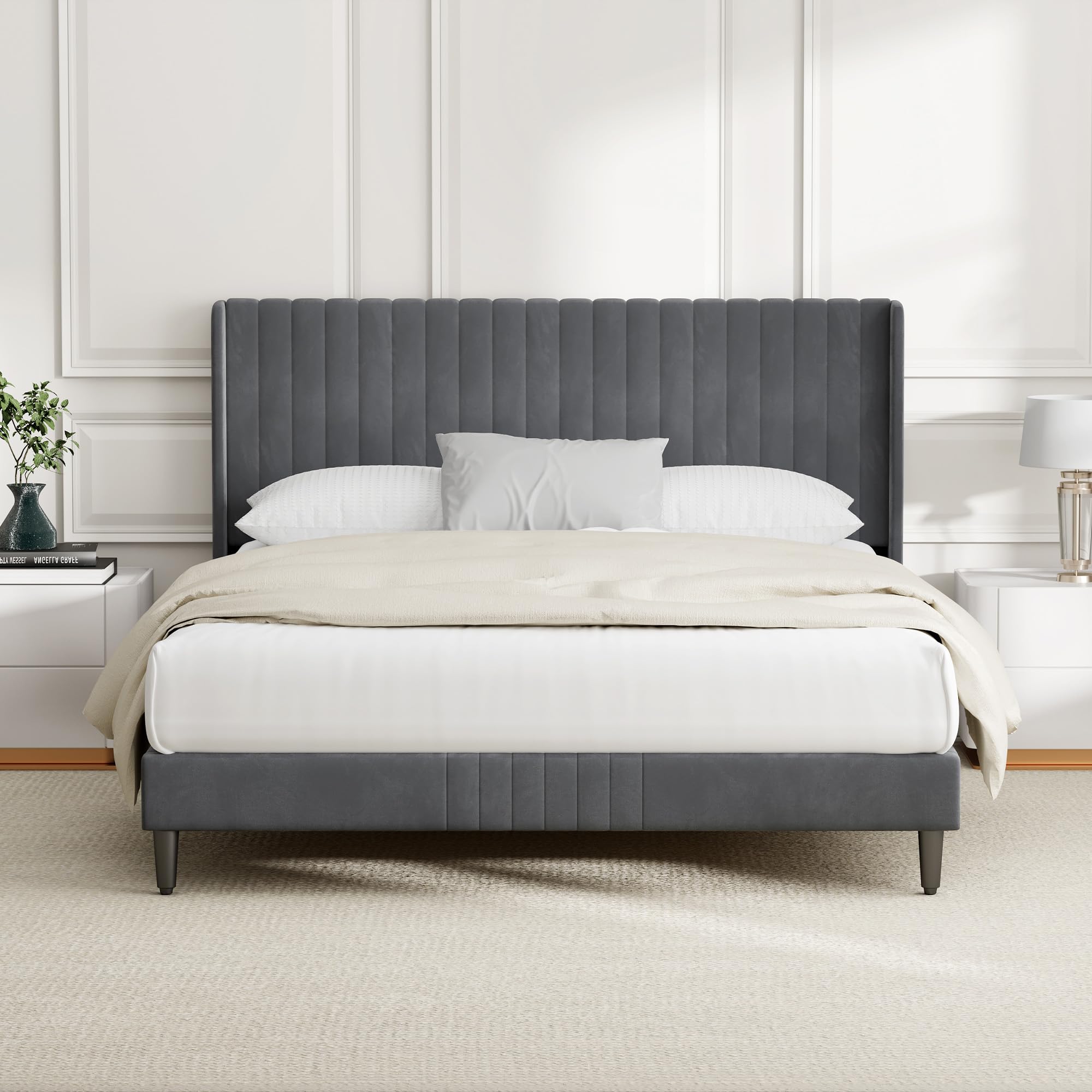 CozyLiving Double Upholstered Bed Frame with Cozy Tufted Headboard, Wood Slat Support, No Box Spring Needed - CHARLIE (Dark Grey)
