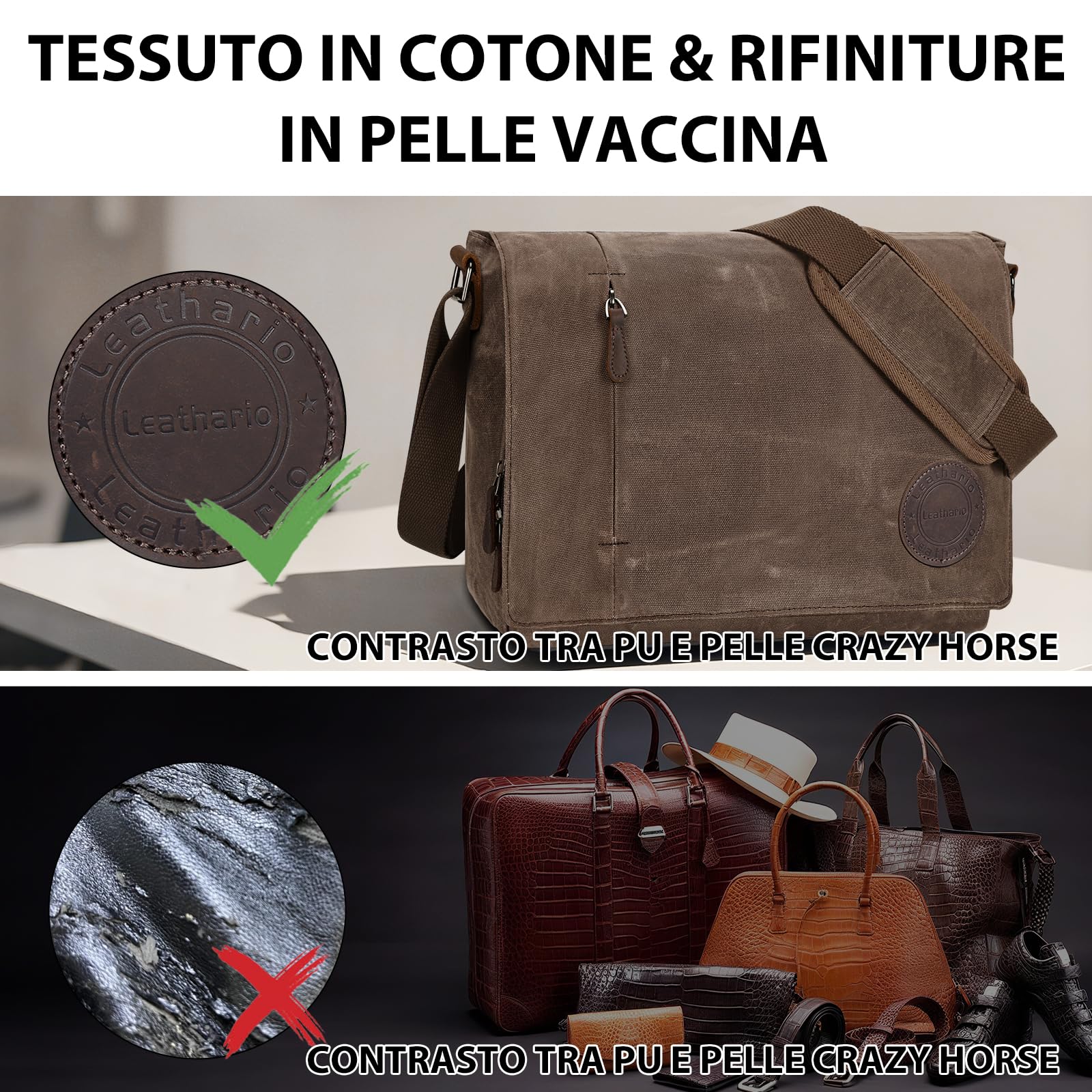 Leathario Borsa a Tracolla Uomo per Laptop 14 Pollici, Modello Messenger in Pelle Vera e Tela per Lavoro, Università e Scuola, Marrone