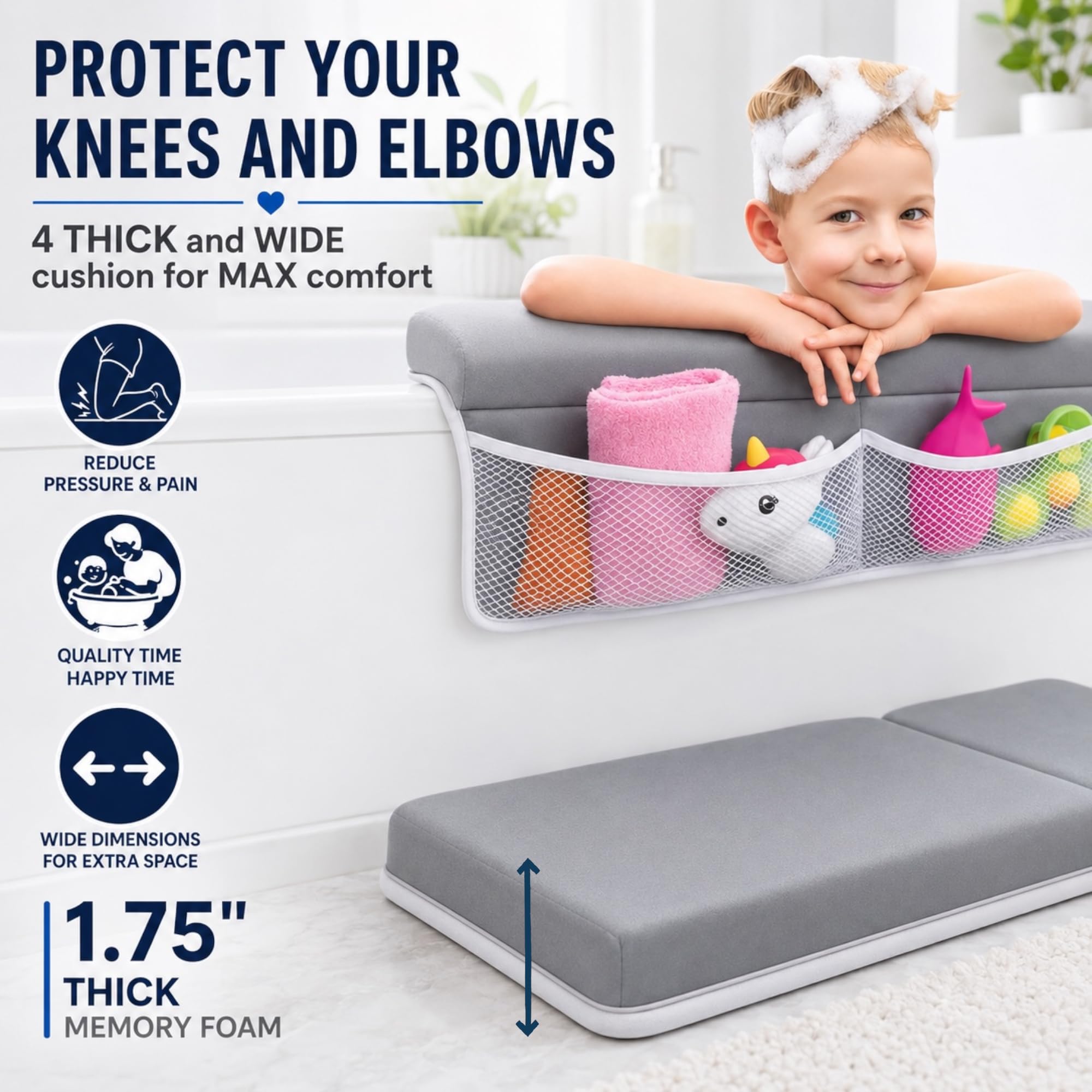 HUX Baby Baby-Badewannen-Knieschützer und Ellenbogenstützen-Set, Badematte, Badespielzeug-Organizer für Badewanne, Ellenbogen- und Kniestützen-Set, Lua Grey
