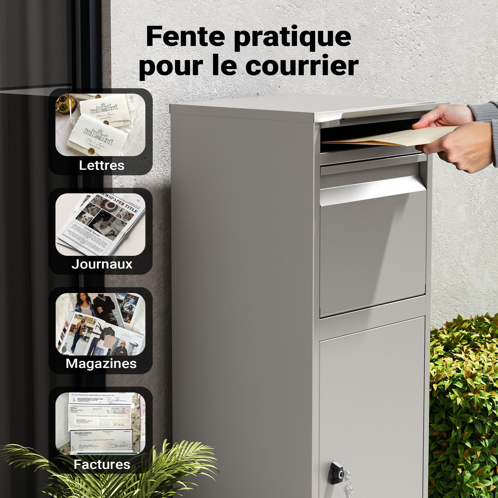 Wiltec Boîte à Colis Grise 410 x 380 x 1020 mm en Acier avec revêtement en Poudre Boîte aux Lettres verrouillable pour la réception de Colis à Domicile Livraison de courrier