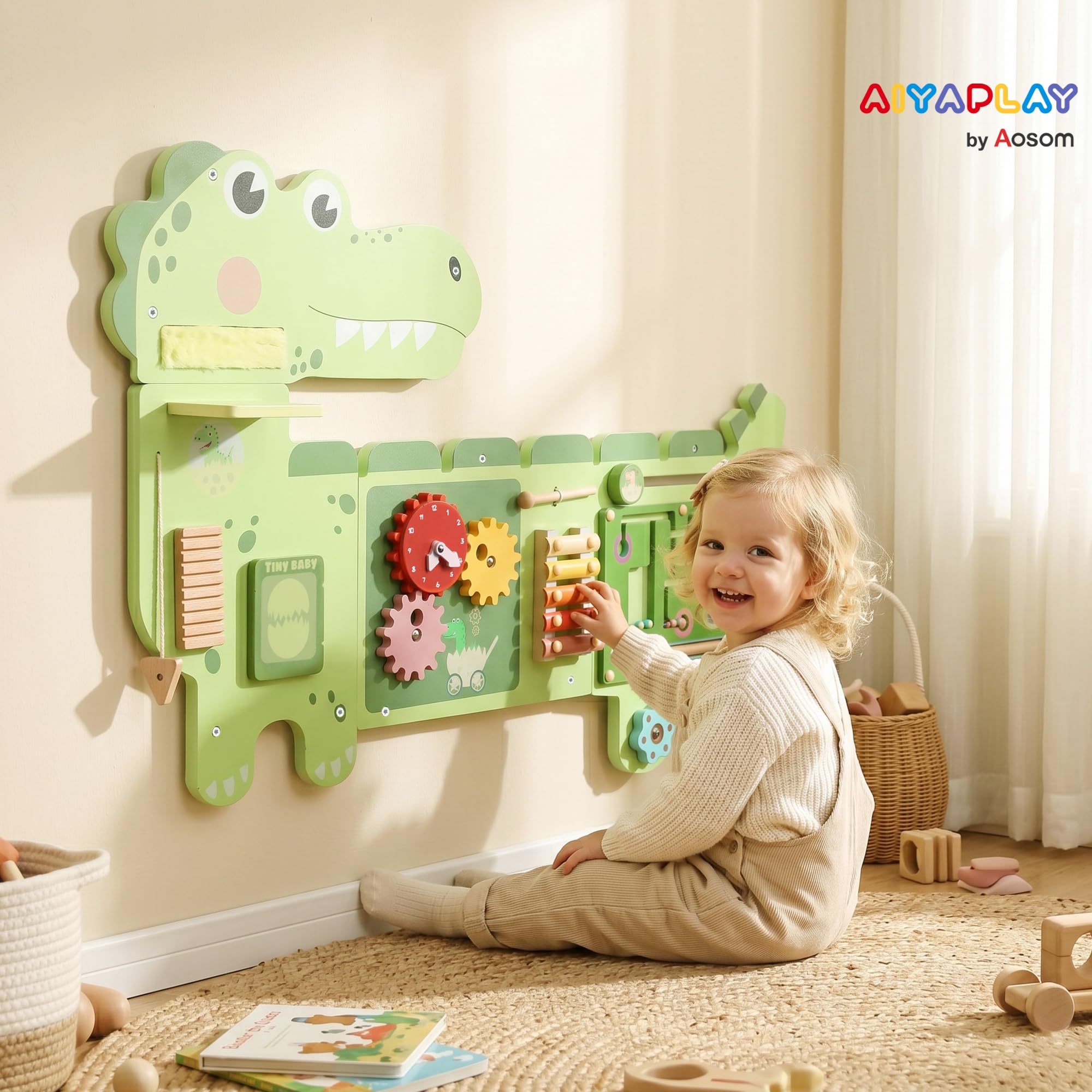 AIYAPLAY Montessori drewniana deska motoryczna, dinozaury, montowana na ścianie, zabawka z zegarem ksylofonowym, zębatkami, prętami dźwiękowymi, zabawka edukacyjna dla dzieci od 2 roku życia