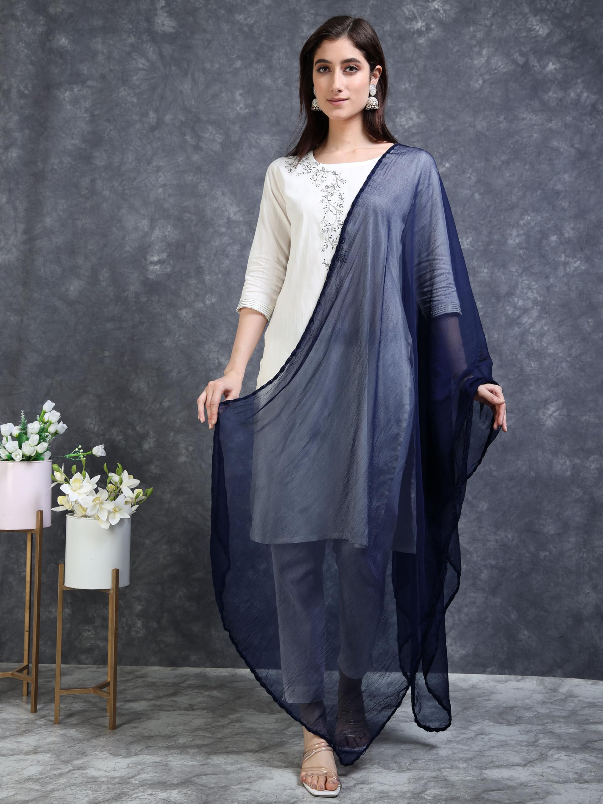 Miraan Women Pure Chiffon Solid Dupatta With Woven Border, 2.25 Meters Length (Chiffdupnavyblue17_Navy Blue), 2.25 mtr - Image 5 thumbnail