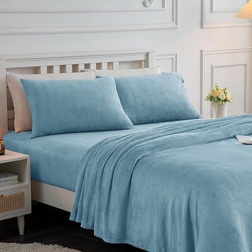 Miniatura 2 de Softan Juego de sábanas de franela de felpa de 4 piezas tamaño King con sábana bajera de bolsillo profundo de 15 pulgadas, sábana encimera y funda