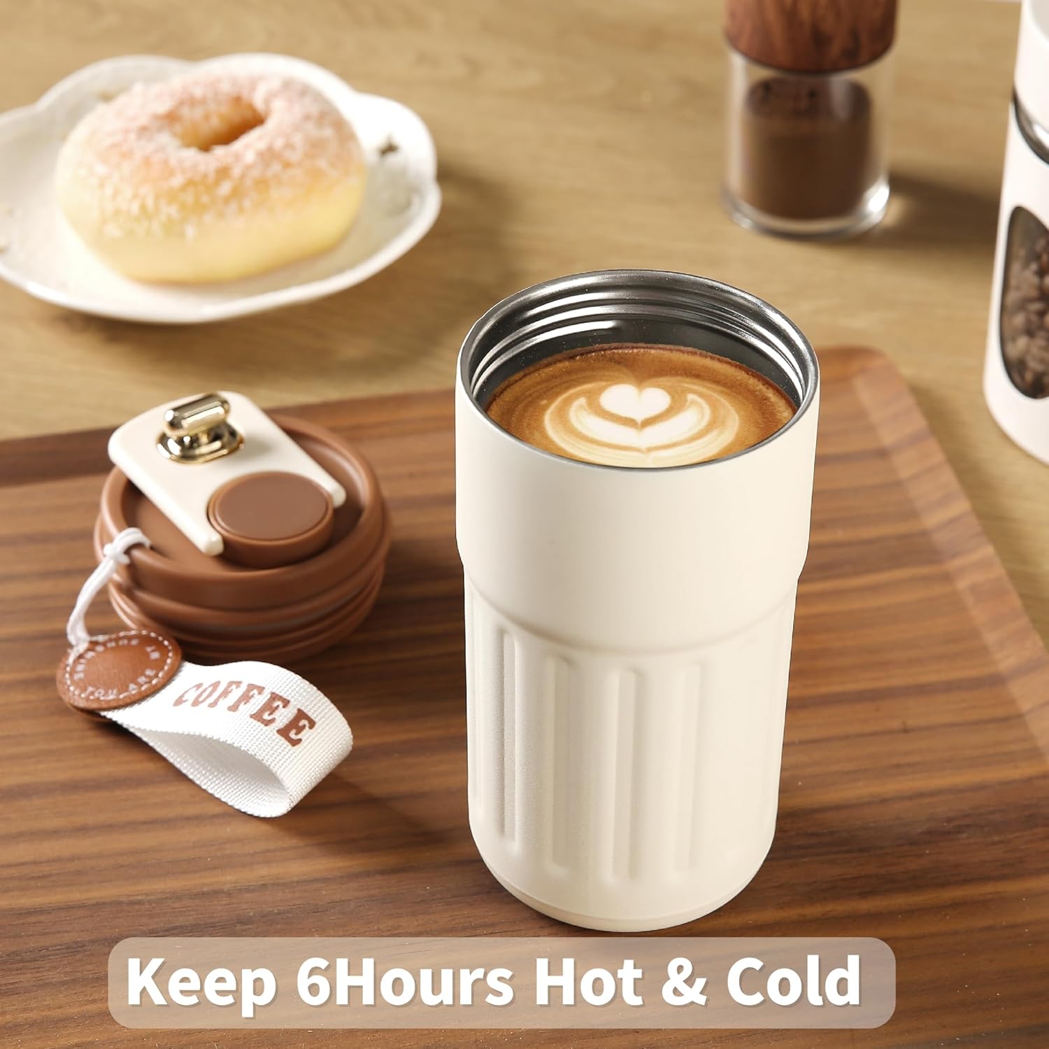 Stainless Steel Insulated Coffee Mug with Lanyard, Leak Proof Travel Coffee Mug Keep 6H Warm & Cold 13.8oz (White) - Image 4