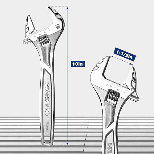 Miniatura 4 de WORKPRO Llave ajustable, llave de alta resistencia de 10 pulgadas con escala métricaen pulgadas, acero Cr-V premium, cromado