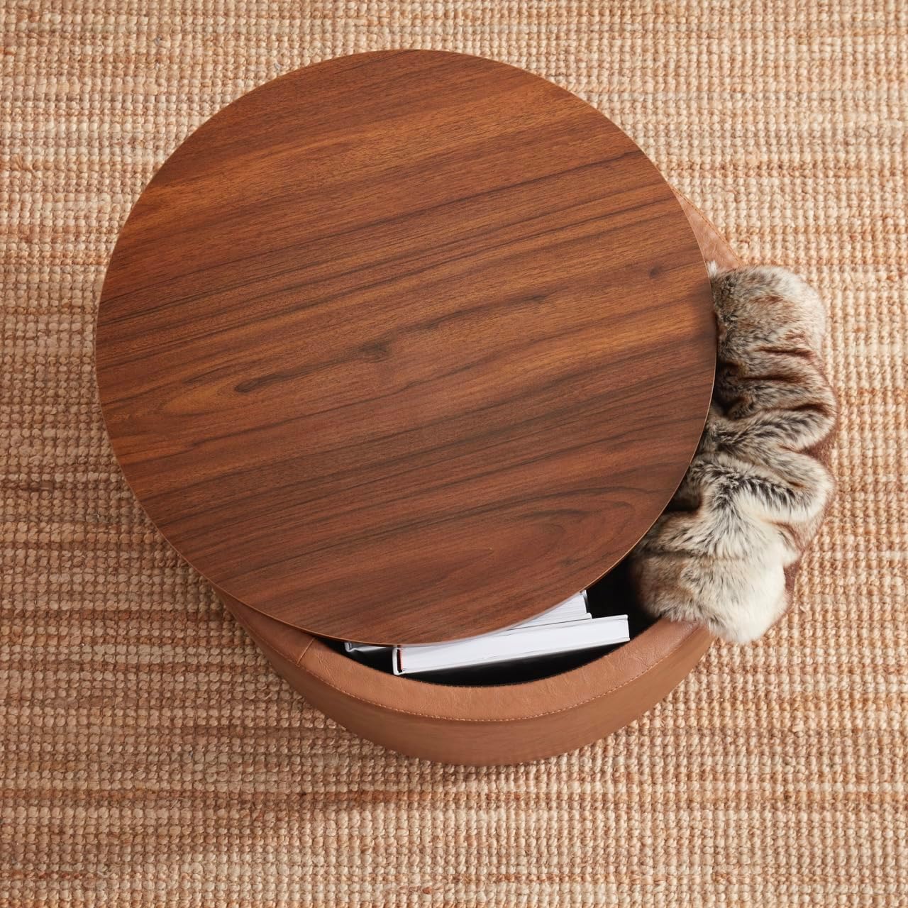 Ornavo Home 22 inch Large Round Ottoman Coffee Table Storage Ottoman with Wooden Lift Off Lid, Ottoman with Storage for Living Room, Bedroom and Office, Faux Leather Mocha