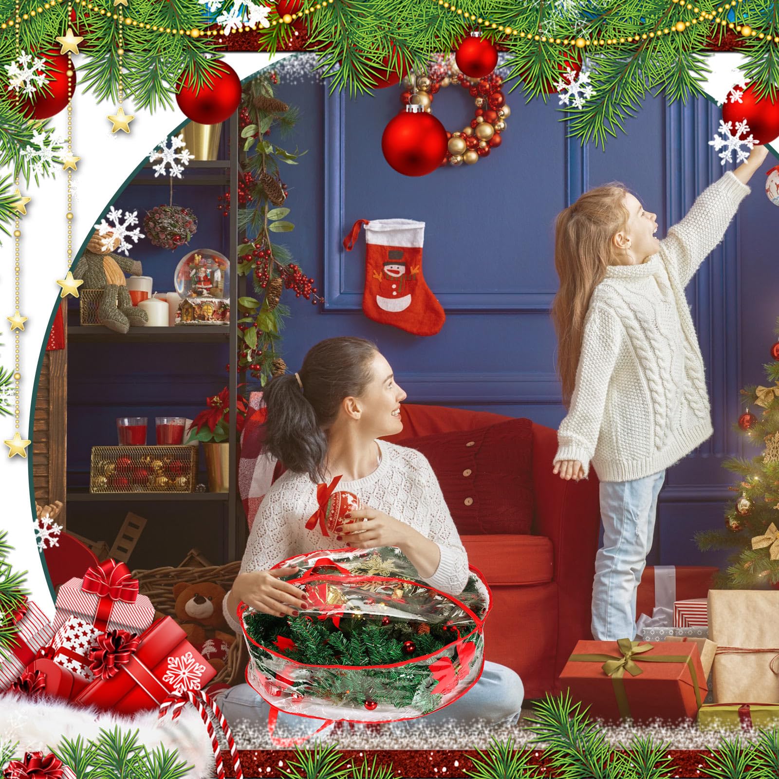 Shappy Contenitore per ghirlande natalizie, 76 cm, in plastica trasparente, con doppia cerniera e manici, per Natale, Ringraziamento, vacanze, ghirlande artificiali (trasparente, rosso, 6)