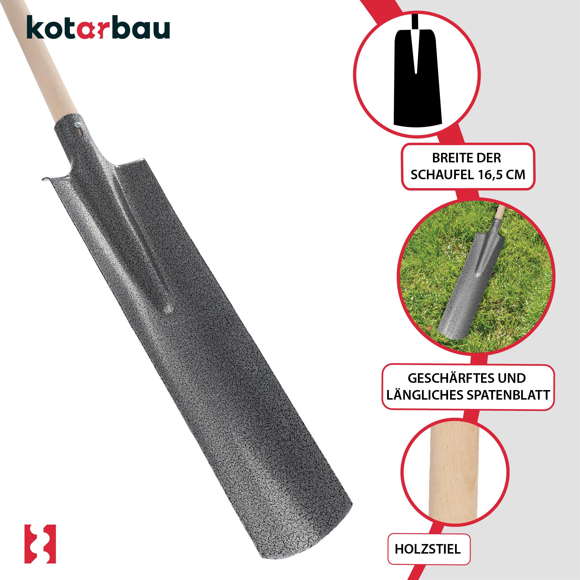 KOTARBAU® Palote rectangular de acero al carbono, 510 x 115 mm, Palote con mango muleta, Pala rectangular con mango de madera, Pala de jardinería, Pala de hoja larga y estrecha, Pala de drenaje, zanja