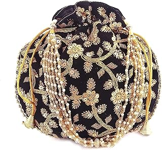Women's Velvet Embroidered Potli Bag Purse Pouch Drawstring Bag Golden Work Wedding Gift for Women