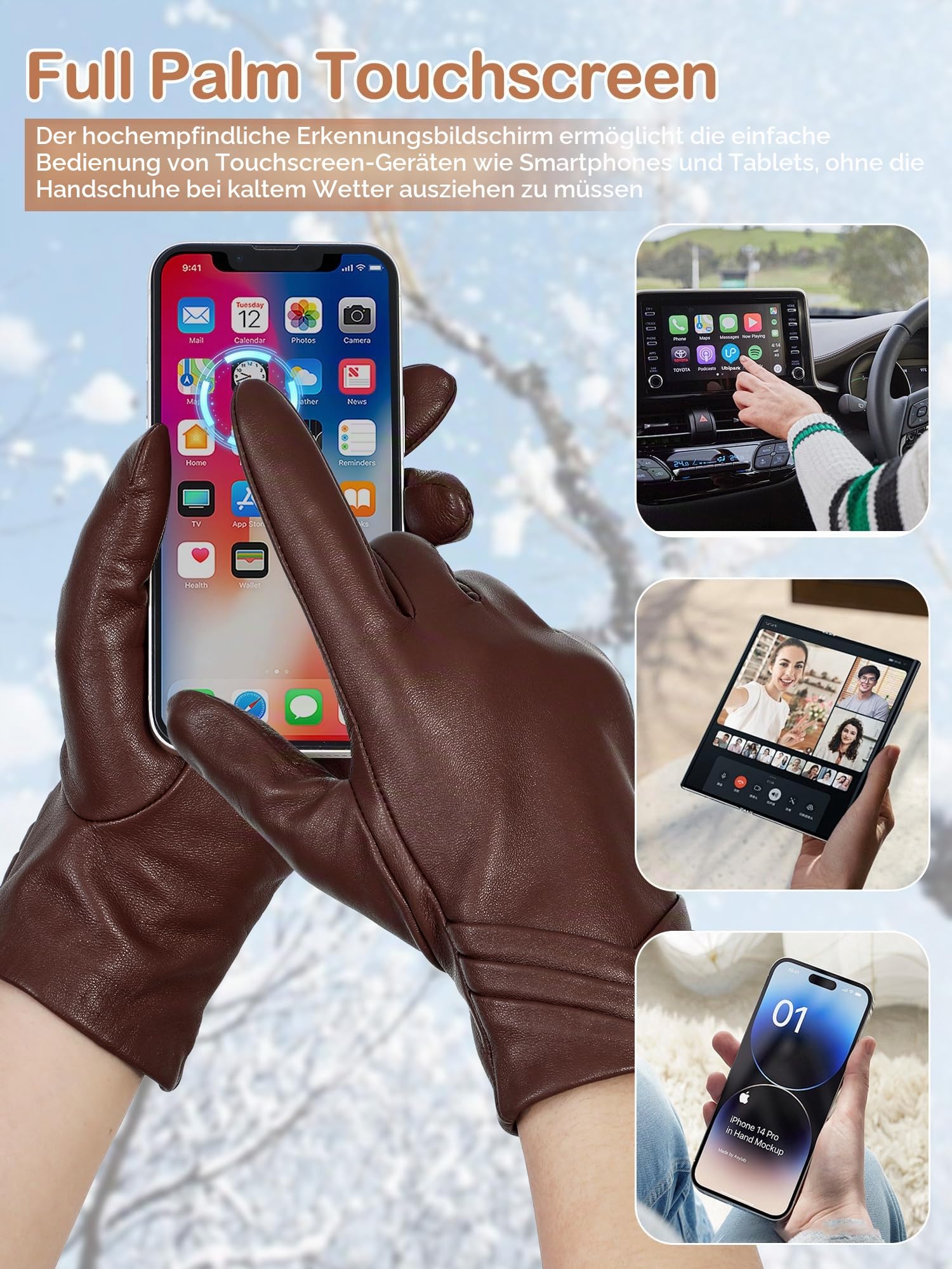 GSG SINCE 1998 Lederhandschuhe Damen aus chromfreiem Lammfell, Gefüttert mit Wolle/Kunstfell, Thermo Handschuhe mit Touchscreen W13150