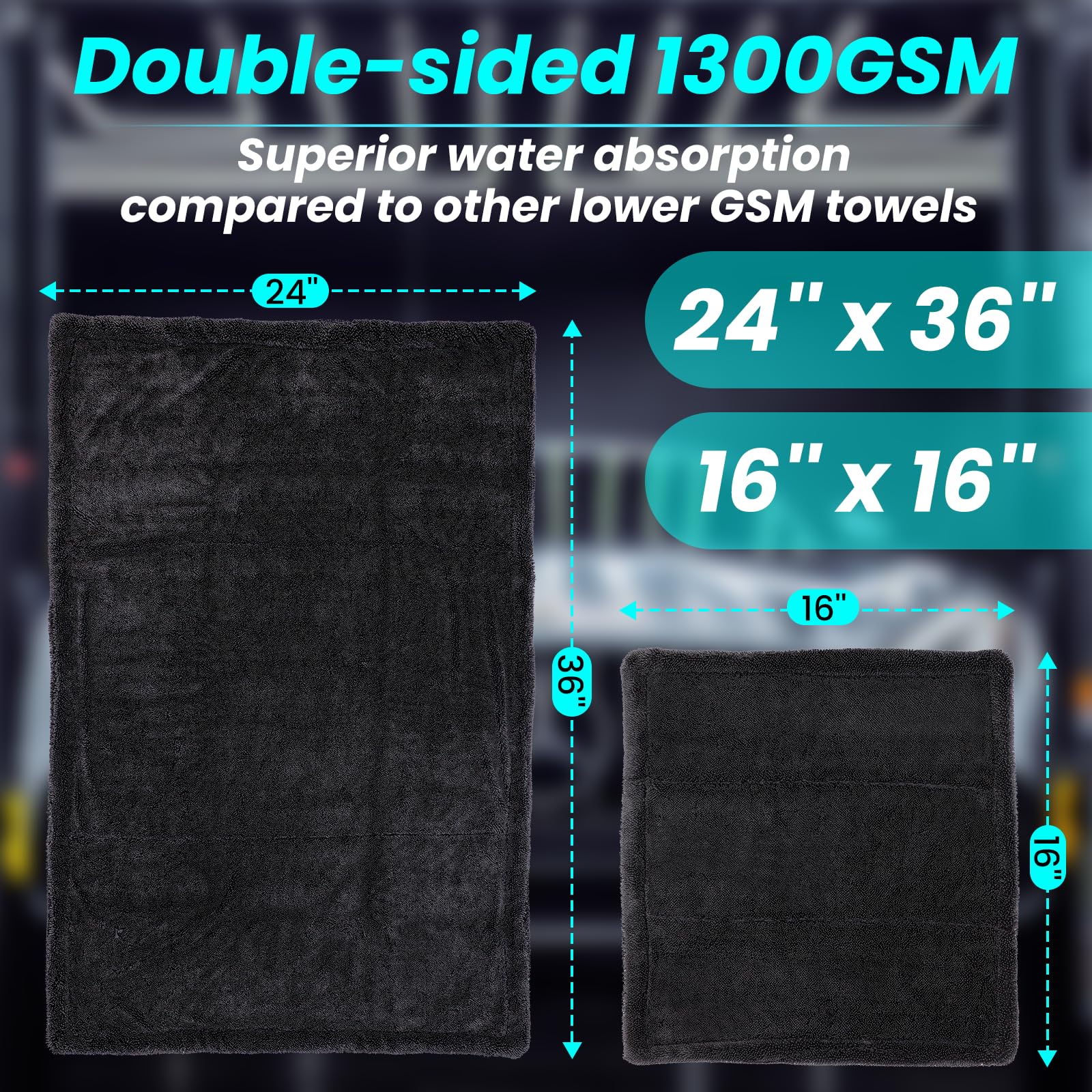 2 Pack 1300 GSM Car Drying Towel Double-Sided Microfiber Towels for Cars 24 x 36 16 x 16 — view 2
