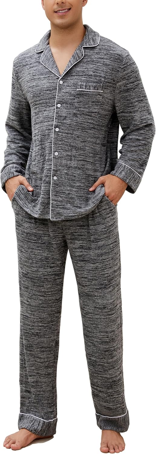 Veseacky Mens Pajamas Set Long Sleeve Soft Pajamas for Men Button Down Sleepwear Pjs Lounge Sets with Pockets S-2XL