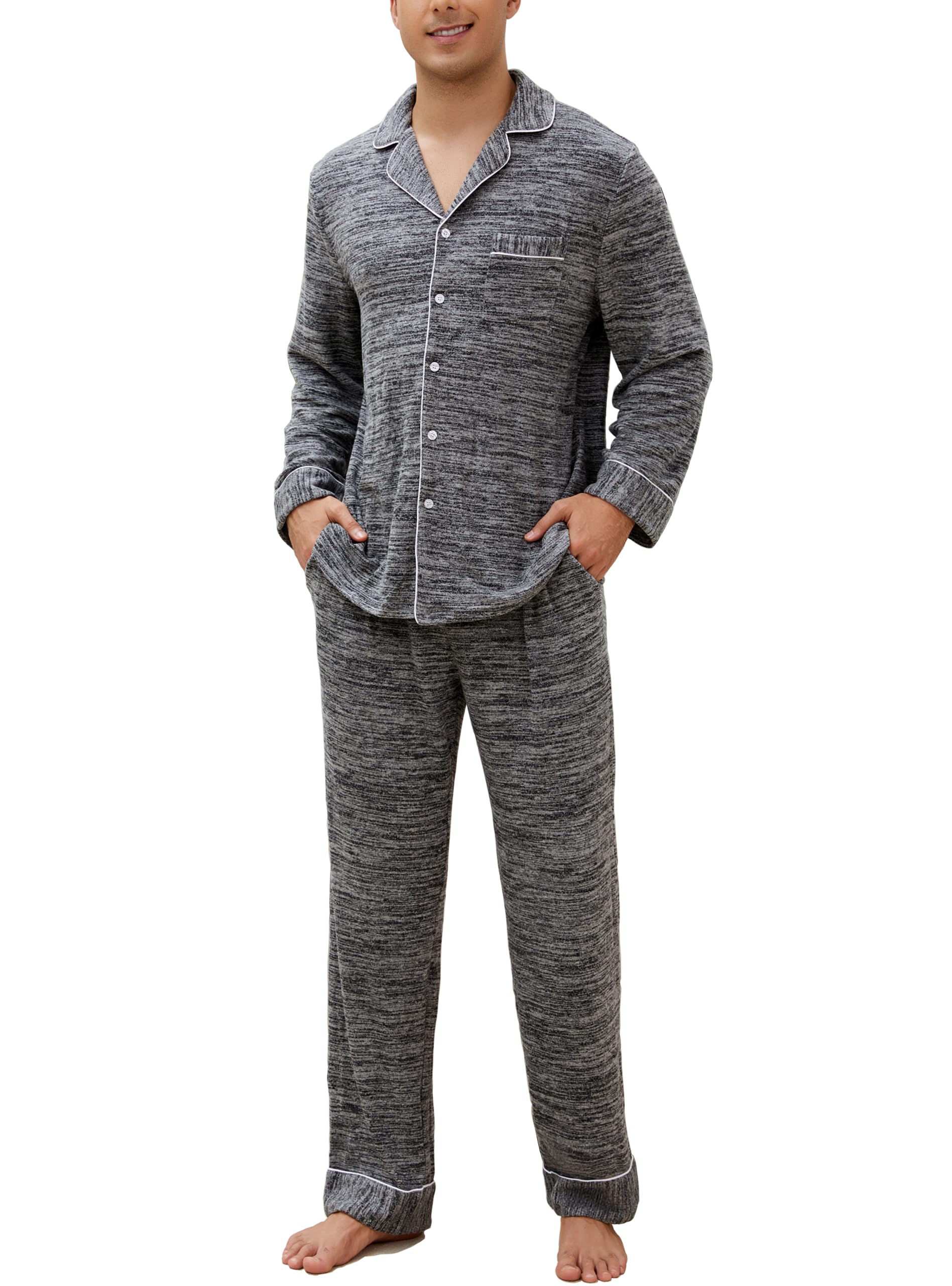 Veseacky Mens Pajamas Set Long Sleeve Soft Pajamas for Men Button Down Sleepwear Pjs Lounge Sets with Pockets S-2XL