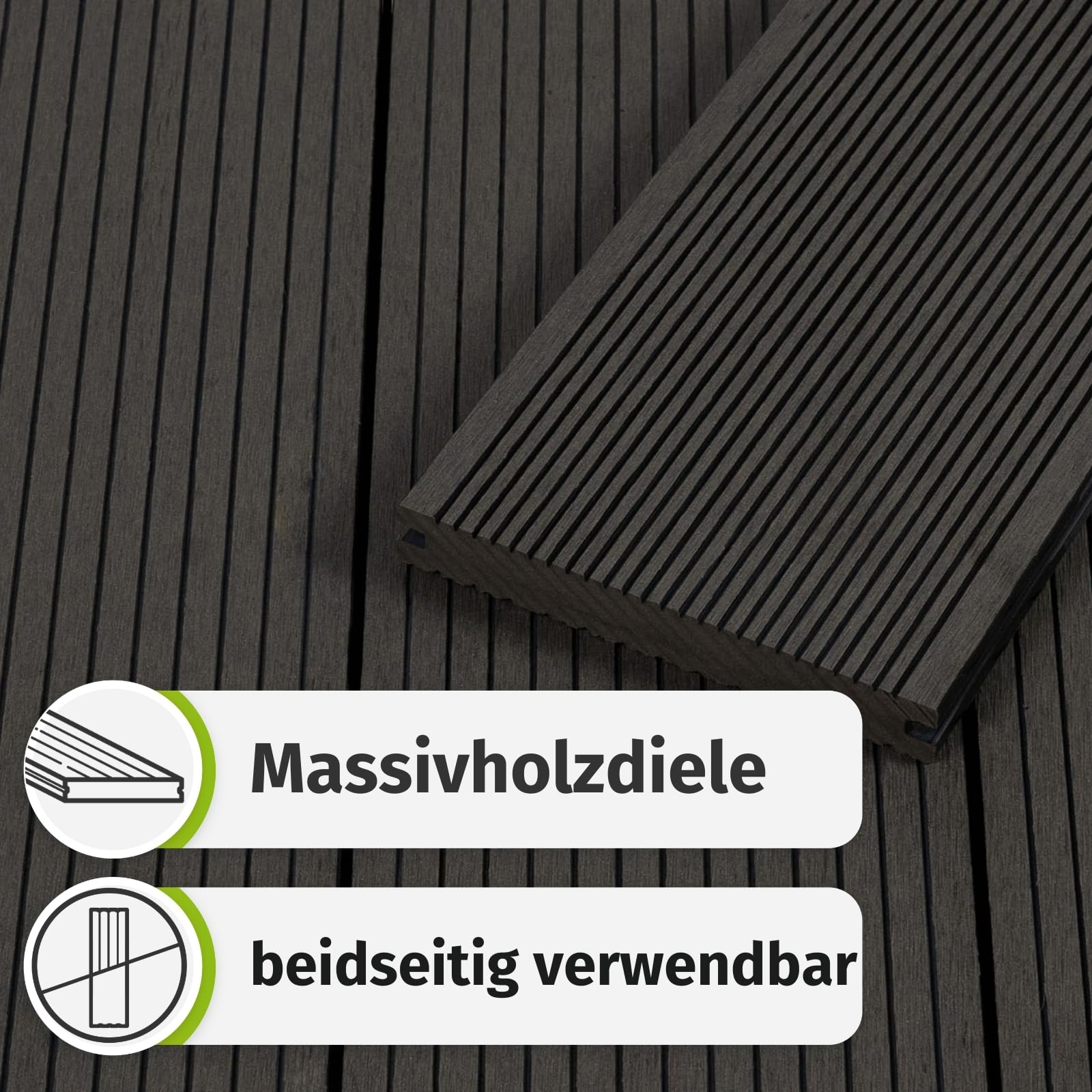 HORI WPC Terrassendielen Komplettset Mauritius verschiedene Farben - Massivdiele, beidseitig nutzbar, inkl. Unterkonstruktion & Clips Fläche: 15 m² - 320 cm Dielenlänge - Grau