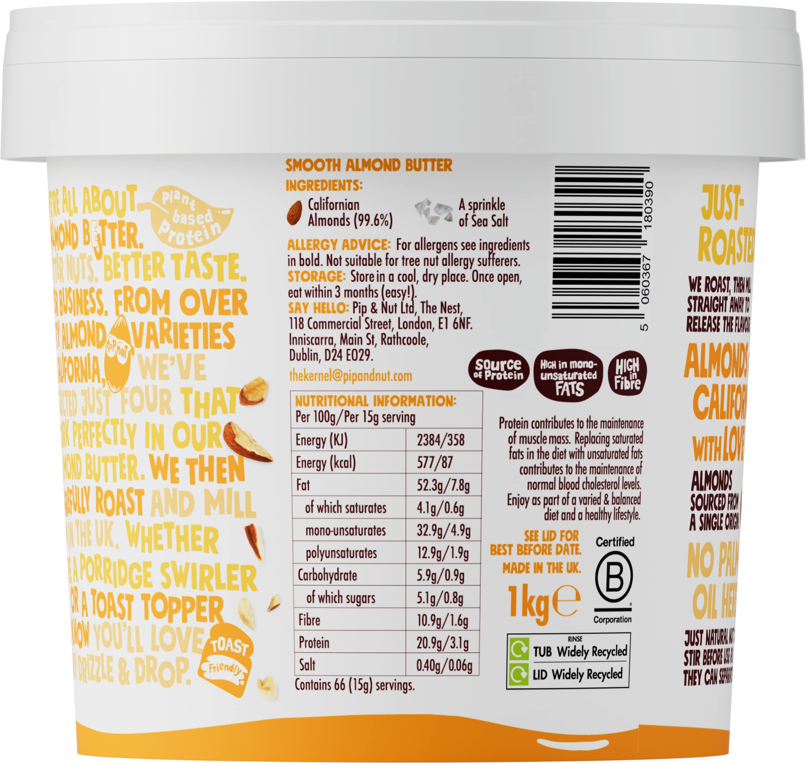 Buy Pip & Nut Smooth Almond Butter (1kg) Natural Nut Butter, No Palm Oil, No Added Sugar, Hi