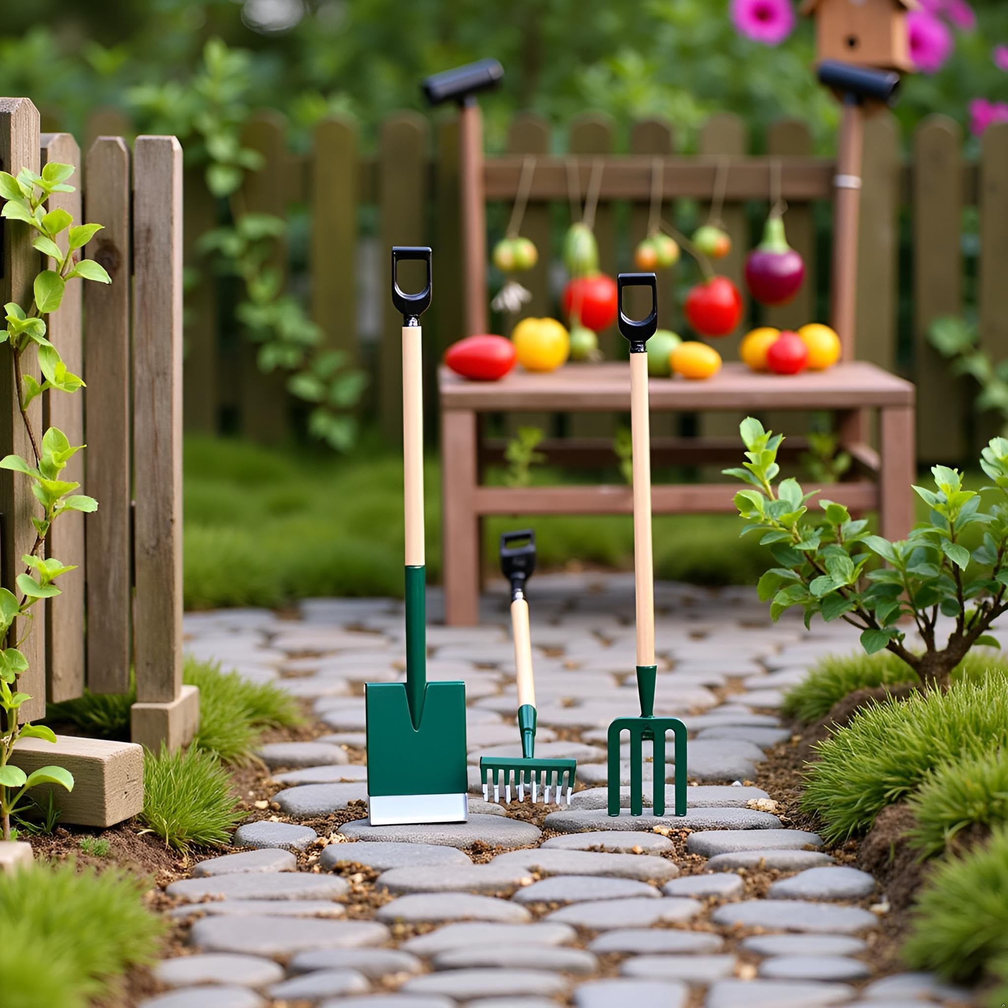 3PCS Green Miniature Dollhouse Garden Tools,1/12 Miniature Shovel Rake and Hoe Farm Tools Dollhouse Decoration Accessories,Dollhouse Décor - Image 2