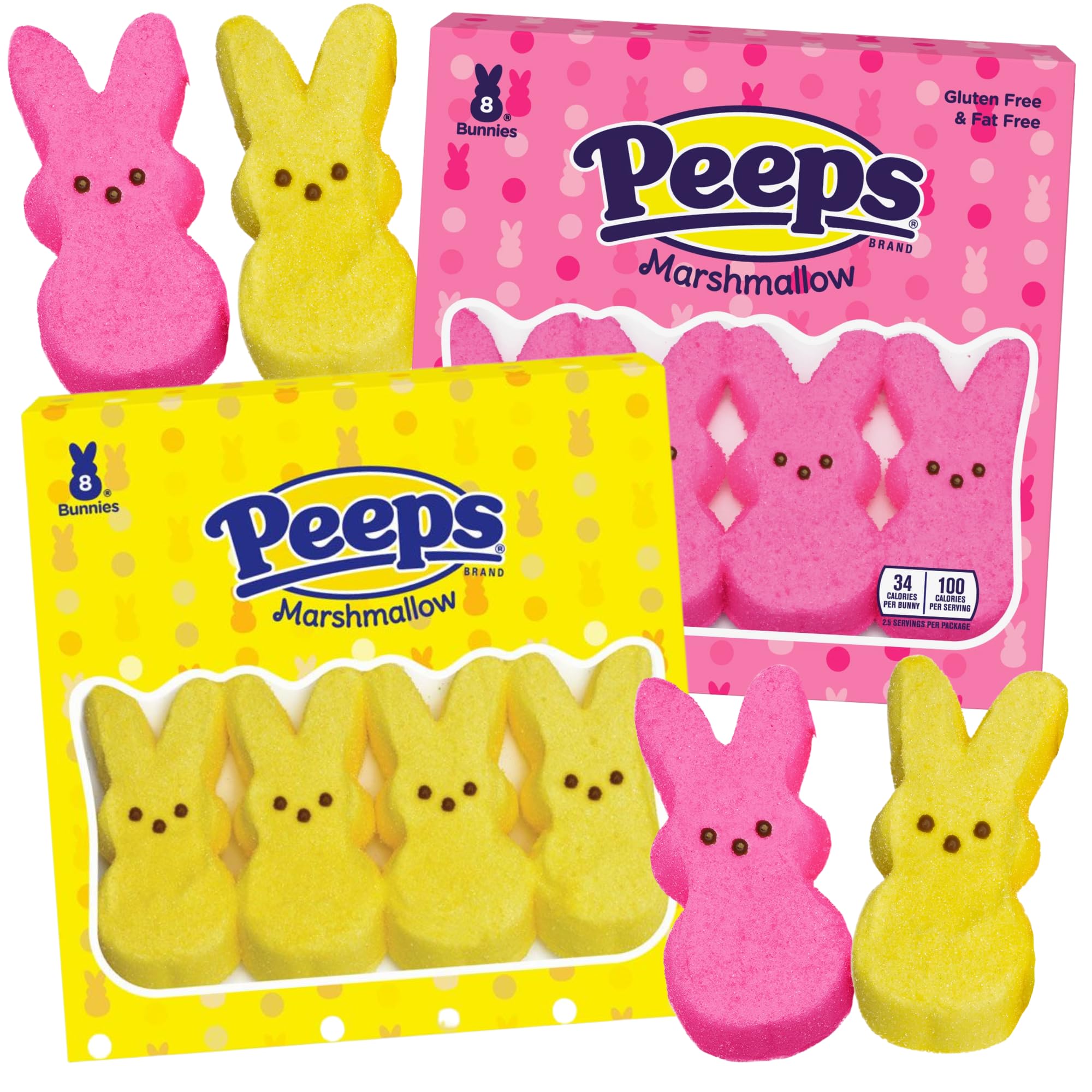 Marshmallow Peeps Pink and Yellow Easter Bunnies 8 ct (Pack of 2)