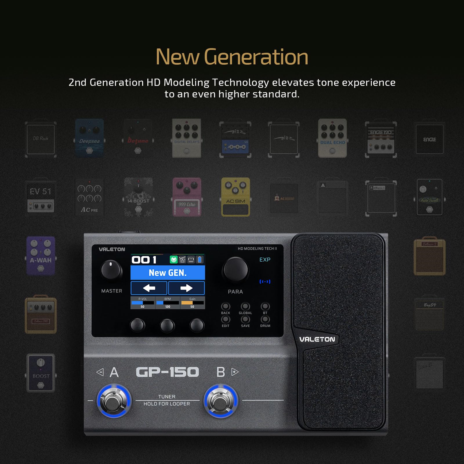 VALETON Processore Multi-Effetti con 200+ Effetti HD, Caricamento IR/NAM, Looper 180s, Batteria e BT GP-150