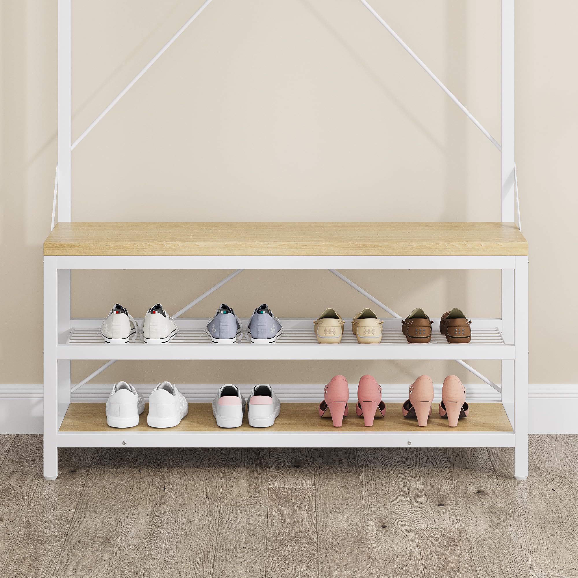 Garvee Perchero Entrada Recibidor, Estilo Industrial Con Zapatero Y Banco, 8 Ganchos & Barra Colgante, Gran Capacidad, 112x40x183 Cm, Color Madera