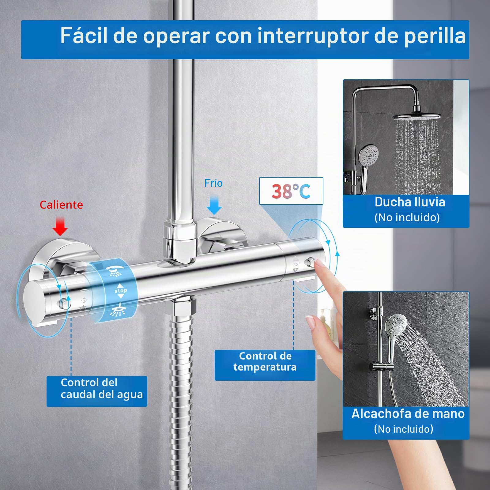 Marketero Barra mezcladora termostática de ducha con dos salidas, grifo mezclador de ducha montado en la pared, válvula termostática de doble salida de latón con parte superior G de 3/4 pulgadas y G