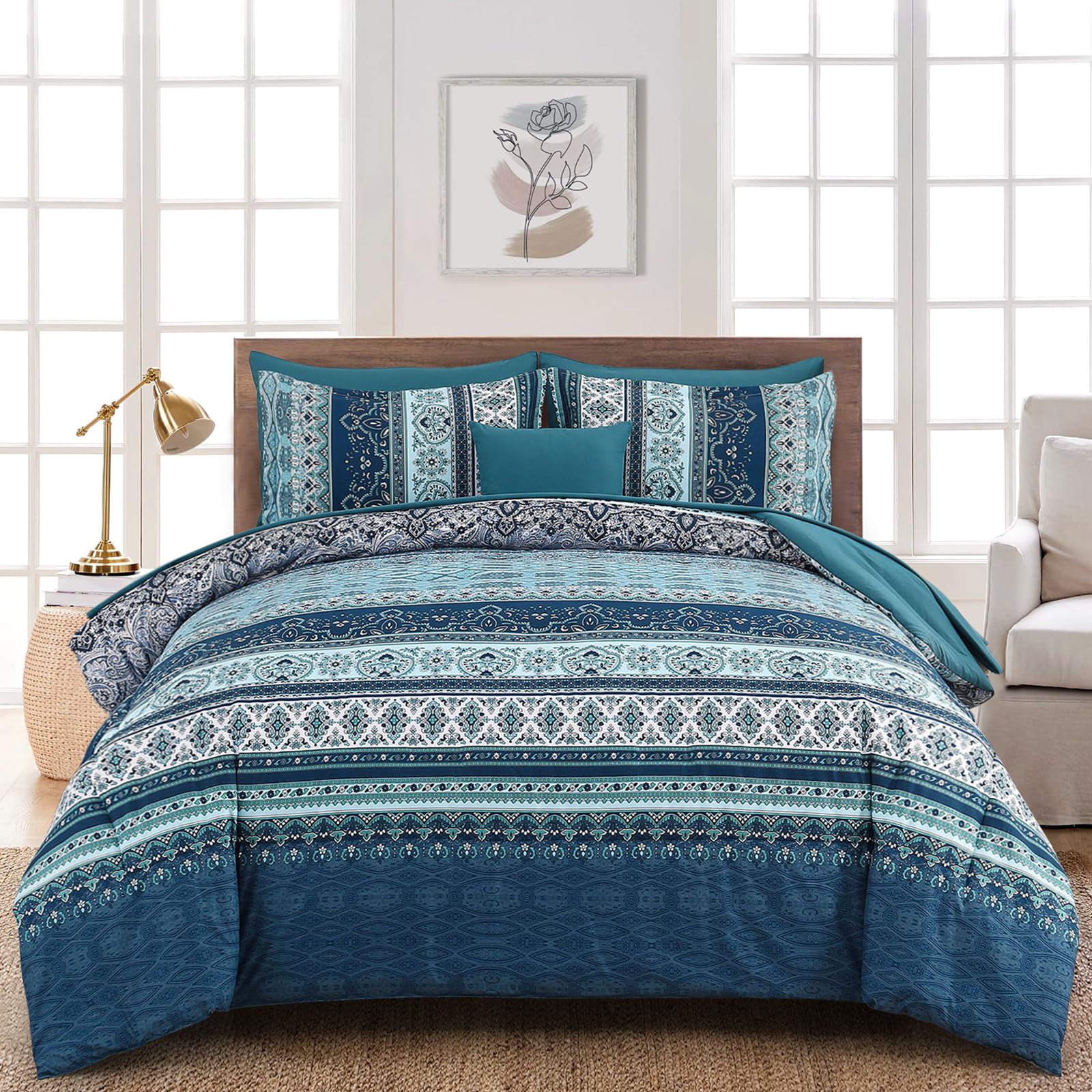 WONGS BEDDING Bohemian Double Duvet Cover Set Navy Blue Colorful Boho Striped Bedding Set including 2 Pillowcases Soft Microfiber Moroccan Quilt Cover 200x200cm - Image 2