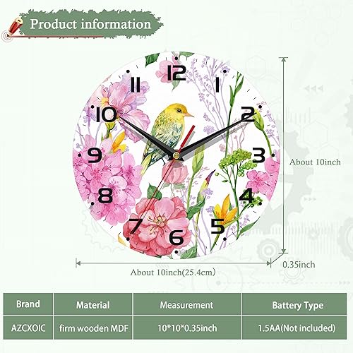Miniatura 2 de Reloj de pared con pilas, reloj de pájaro para sala de estar, flores de acuarela, reloj de pared decorativo para sala de estar, dormitorio, baño y