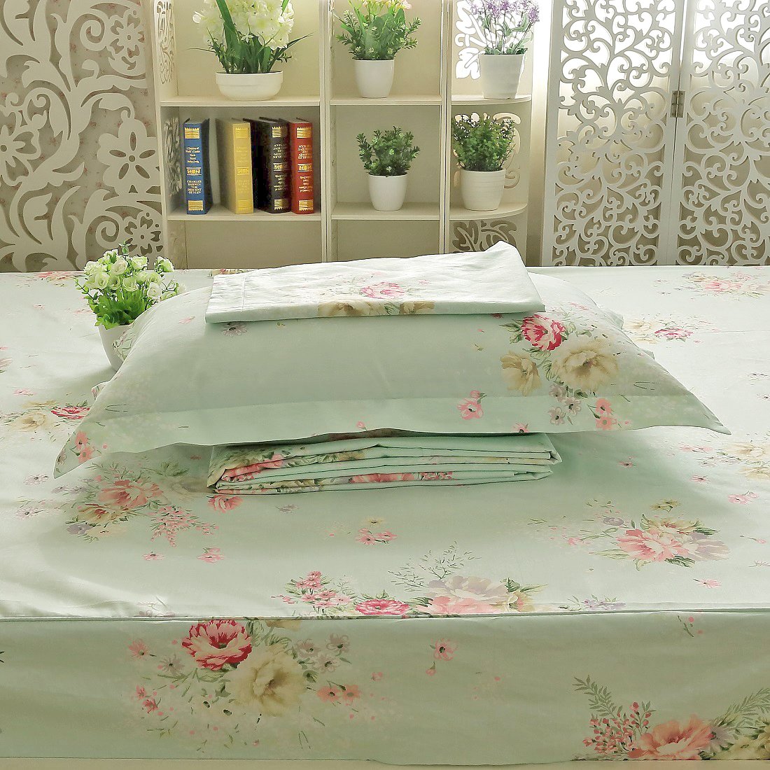 Juego de sábanas con diseño floral, bolsillo profundo y 100% algodón, 4 piezas 5