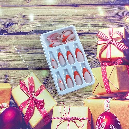 Miniatura 2 de Uñas postizas a presión con punta francesa, uñas postizas medianas de almendra con diseños del día de San Valentín, corazón rojo, mate, cobertura