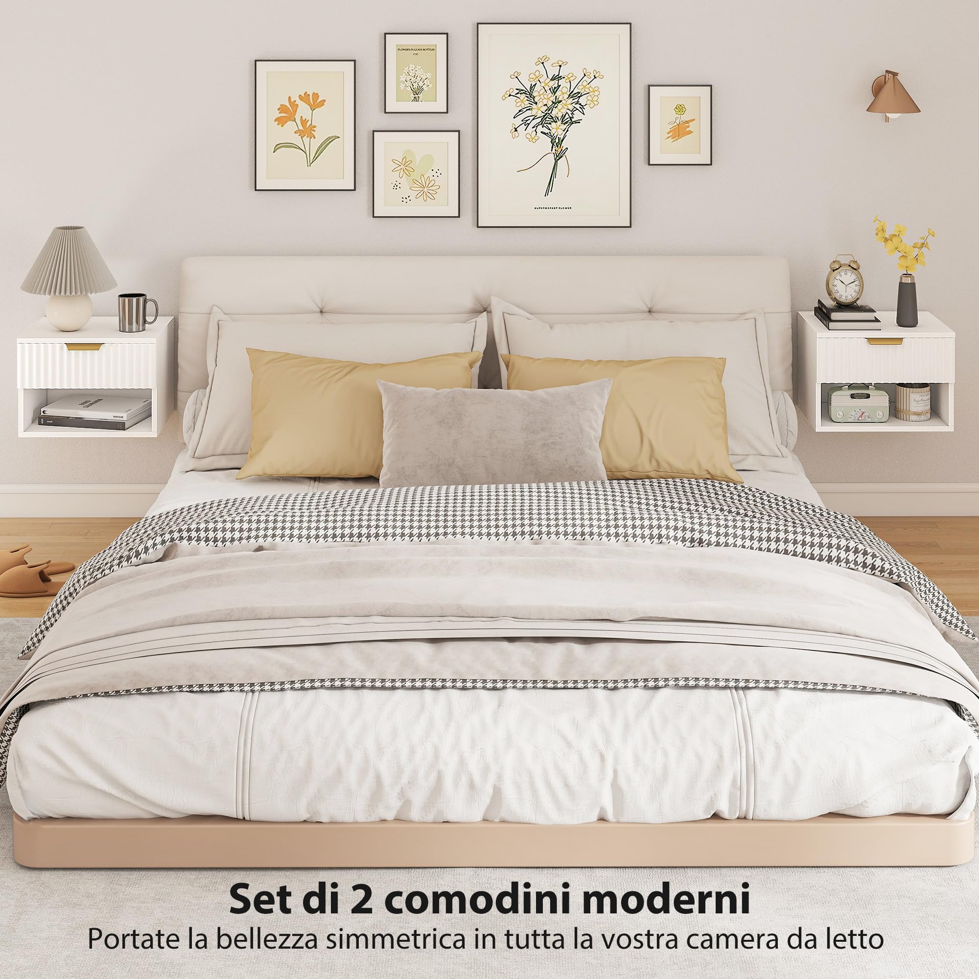 HOMCOM Set di 2 Comodini Camera da Letto Sospesi, 40x34x29 cm Bianco | Pannelli Scanalati, Coppia di Comodini Moderni, Cassetto e Ripiano