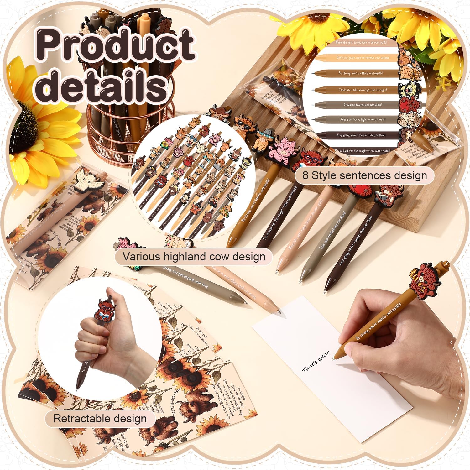 Sayglossy 50 Set Highland Cow Party Favor Pen Gifts Bulk, Inspirational Ballpoint Pens with Positive Bookmarks for Teacher Employee Staff Coworker Appreciaiton Gift