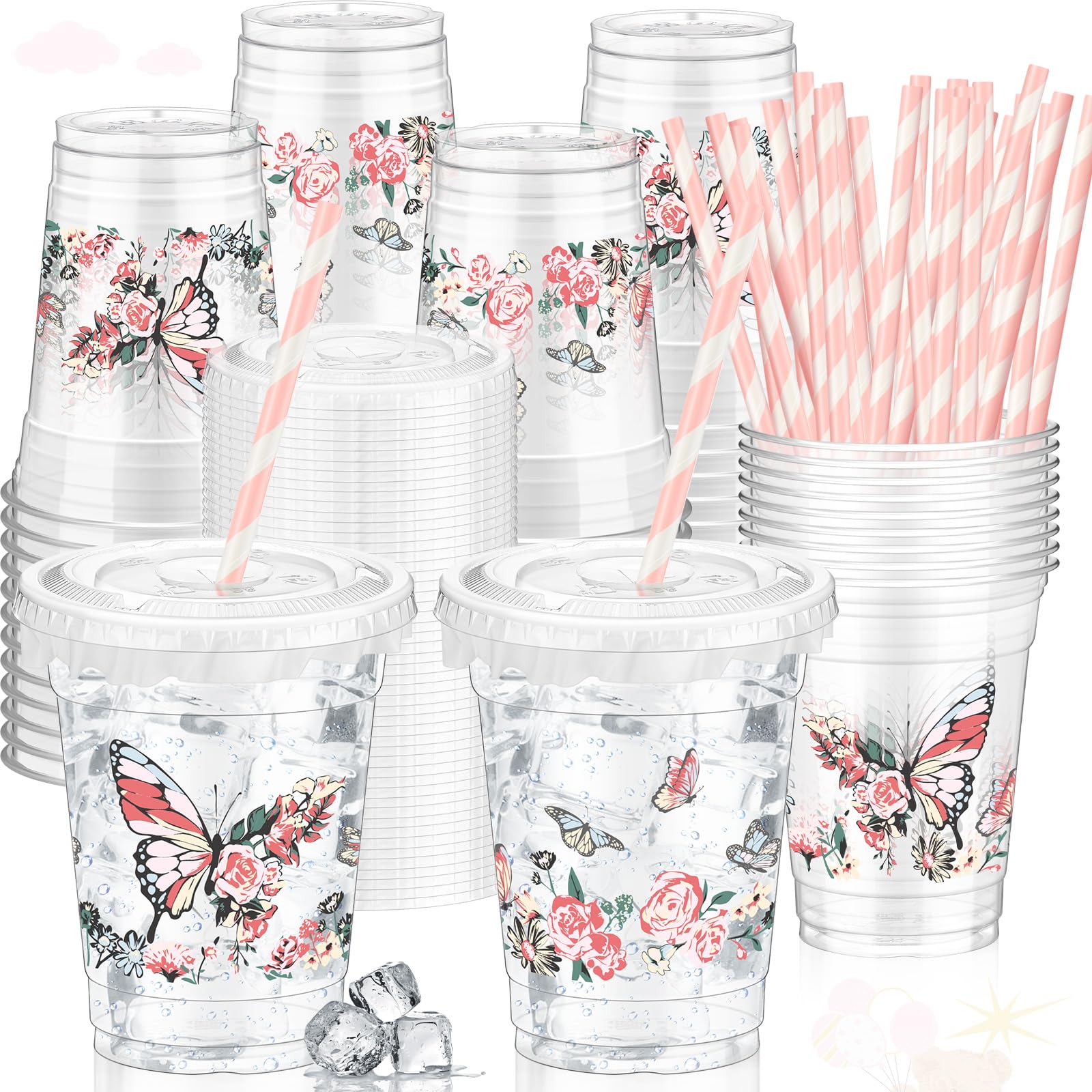 Teenyyou 50 Pcs 12 oz Disposable Plastic Cups with Straws, Lids and Leakproof Paper Clear Birthday Party Cups Supplies Birthday Table Decorations(Butterfly,Pink)