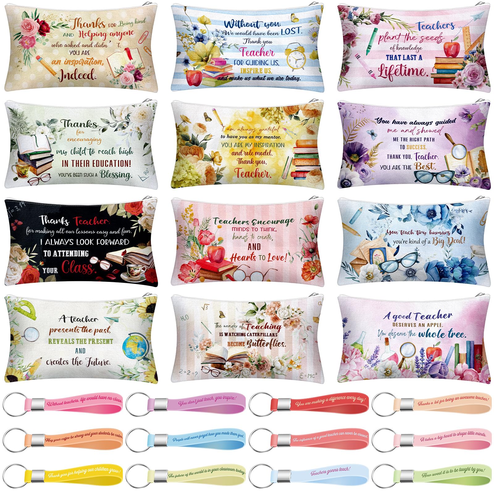 Siifert 12 Pcs Makeup Bags Bulk with 12 Quote Keychains Inspirational Canvas Cosmetic Bags Positive Affirmation Bag Makeup Pouch Christian Gifts for Women Friend Employee(Teacher)