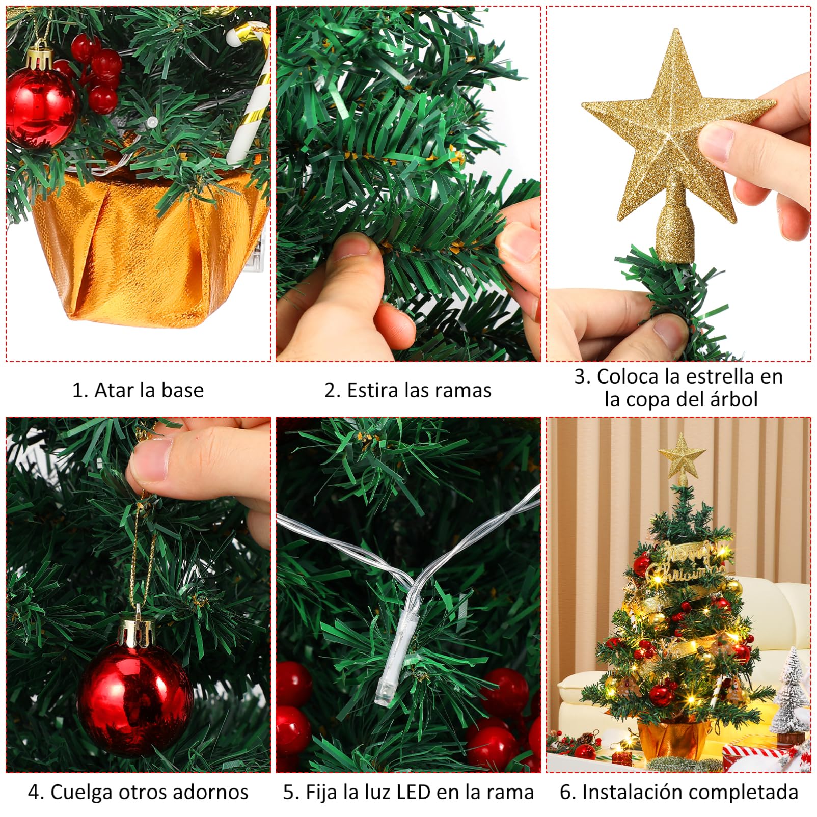 Cabilock Kleiner Weihnachtsbaum 60cm mit LED Lichtern und Kugeln für Tischdekoration