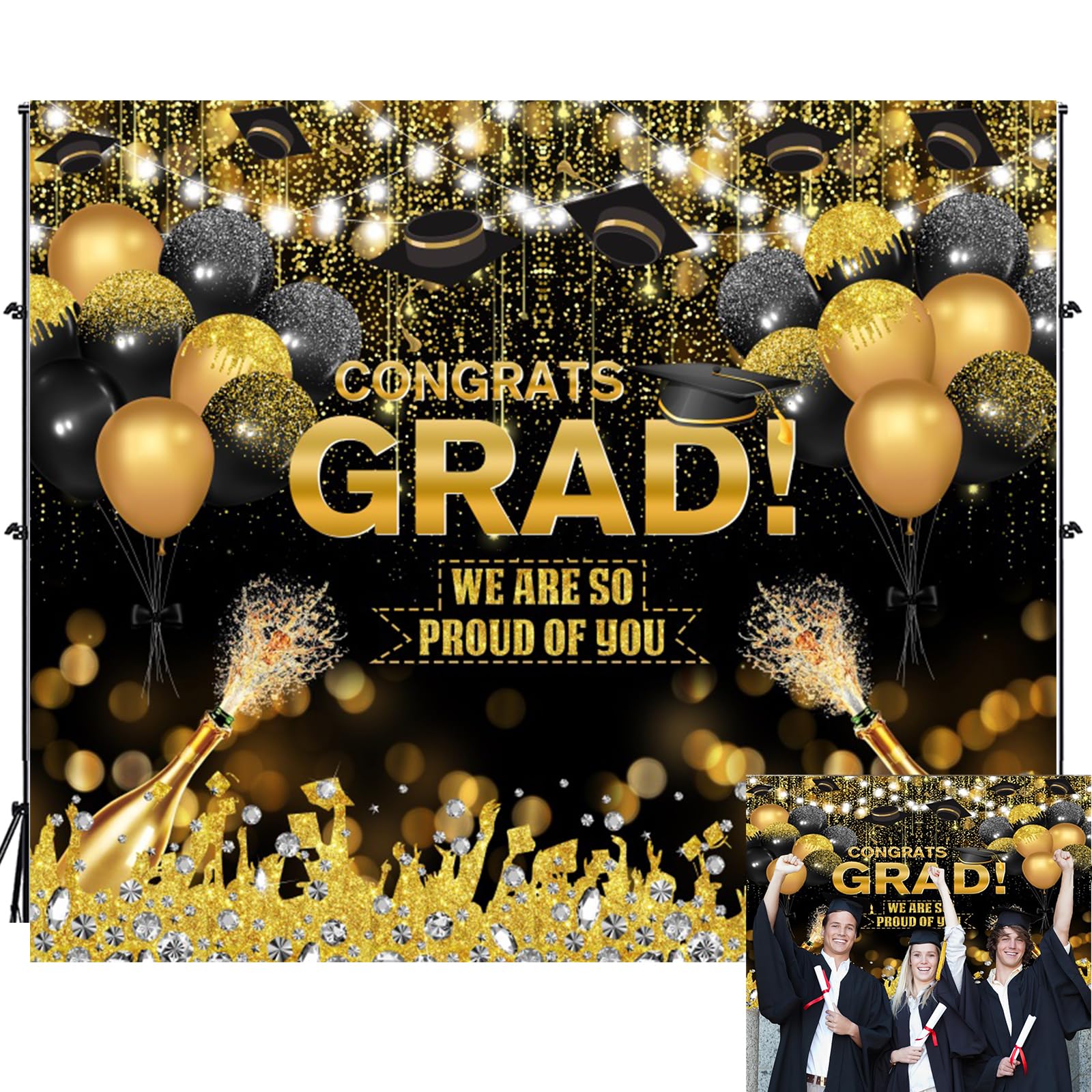Graduation Congrats Grad Backdrop 10x8ft Vinyl Class of 2025 Graduation Congratulations Grad Black Gold Glitter Balloon Champagne Photoshoot