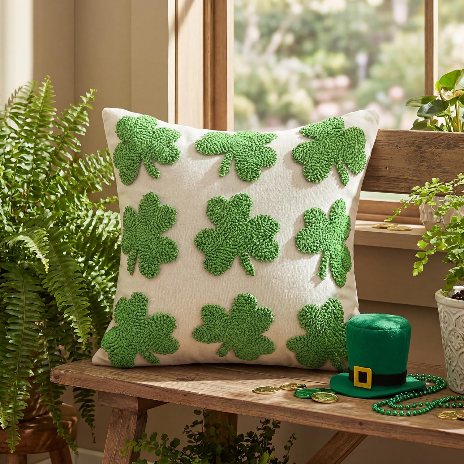 AVOIN colorlife St Patricks Day Shamrock Throw Pillow Covers Set of 2, 18 x 18 Inch Loop Pile Lucky Clover Decoration Sage Green Spring Soft Plush Pillow Case for Bedroom Sofa Couch - Image 2