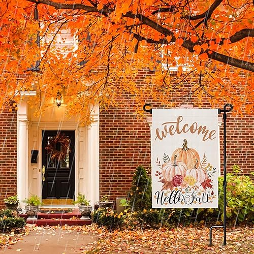 Miniatura 2 de Bandera de jardín de bienvenida con texto en inglés Hello Fall de arpillera de doble cara de 12 x 18 pulgadas para Acción de Gracias, calabaza,